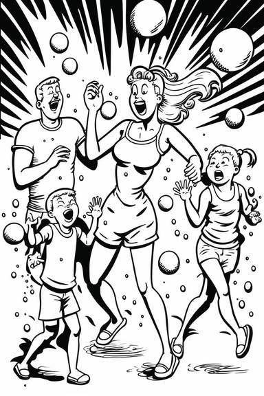 family has a water balloon fight, realistic modern cartoon style, bold black lines, in style of coloring book page for adults, illustration, BLACK AND WHITE, clean lines, vector lines, hand drawn, clipart, printable outlined art, white background, white spaces for coloring in, perfect hands, symmetrical face, perfect legs, symmetrical body