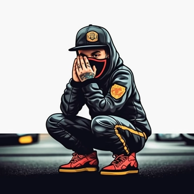 convert into dope boy mascot guy, crouched position, open hand covering his mouth and the thumb is pressed against the cheek, cartoon, flat, clipart