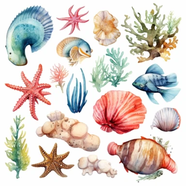 Ocean Life: Detailed watercolor illustrations of sea creatures, such as fish, seashells, starfish, and coral, bringing the underwater world to life. clipart, white background