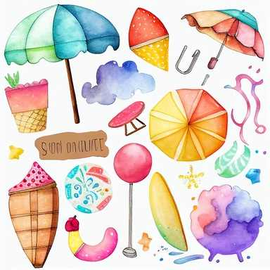 Please create a series of watercolor and pencil drawing clipart illustrations featuring different items related to summer. Each illustration should be drawn in a charming and playful style that captures the beauty and vibrancy of the season. Items to include can be beach umbrellas, flip flops, sunglasses, ice cream cones, sandcastles, and seashells. Please use a combination of watercolor and pencil drawing techniques to create a unique and artistic look. Additionally, please incorporate some gol