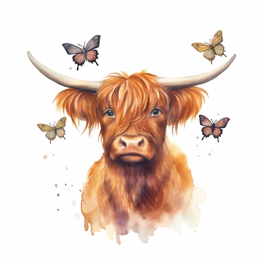 cute little happy looking highland cow with a couple of minimalist boho butterflies, watercolor clipart on white background, no shading