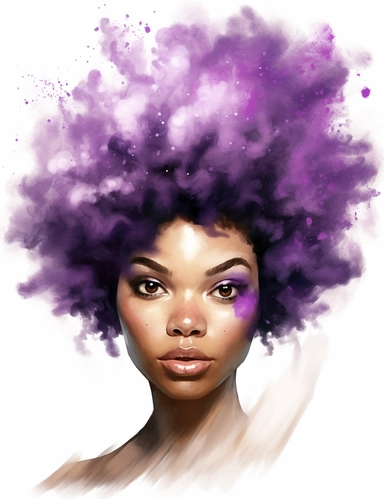 realistic portrait African American woman with Violet Eyes and high hairstlye, style: sparklecore, clipart, white background, 32k