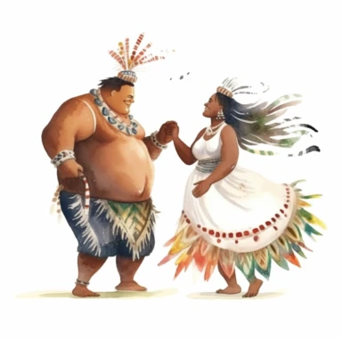 Overweight Indigenous bride and skinny African groom, sharing a heartfelt dance, emotional and sincere, watercolor, Pixar style, Clipart on a white background.