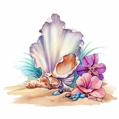 hand drawn sandy beach with a conch shell sitting in the sand, orchid bloom beside the conch shell, glamorous, clipart style, detailed and realistic, watercolor, white background with margins