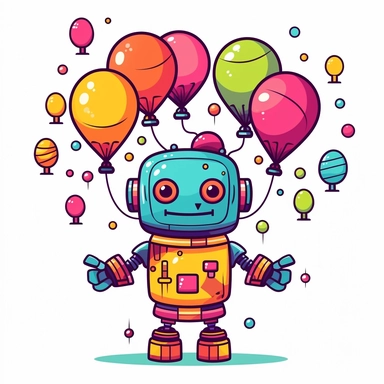Design a clipart-style kawaii robot transformer with a vibrant color palette. The robot should have a simplified, geometric body and expressive eyes. It should be holding a bunch of colorful balloons and wearing a party hat. Ensure a high-quality image on a white background.