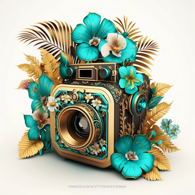 clipart of an old fashioned photo camera, 1 photo lens only, surrounded by an intricate arrangement of dramatic extravagant digital 3D golden tiare flowers, turquoise palm leaves, in the style of large-scale photography, lush detailing, cartoon style, playfully intricate, made of flowers, bloomcore, tropical island ambiant, 8K, clipart, clear background
