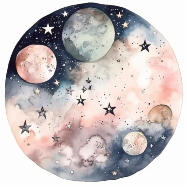 celestial watercolour galaxy clipart, on white background, stars, nebula, moon, galaxy, soft colours
