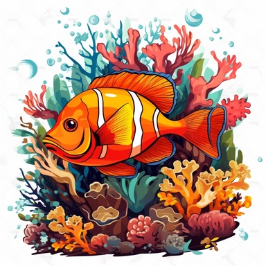 clipart Tropical fish swimming among coral reefs, white background