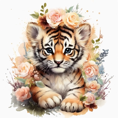 Clipart of baby tiger, tiger cub in the field of flowers with the crown of the flower, full body of tiger cub, watercolor painting, white background, featured on pixiv, computer art, watercolor, digital illustration, detailed painting, realistic