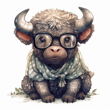 kawaii adorable cape buffalo wearing cute glasses, nursery art, clipart image, line art image, white background, inspired by yoshitaka amano art, very detailed, 8k