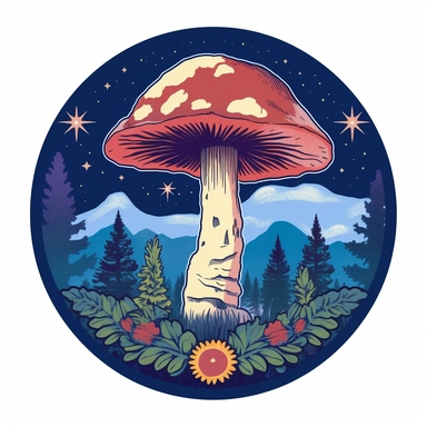 graphic bold, magic mushroom round logo, clipart, Colorado state flag colors