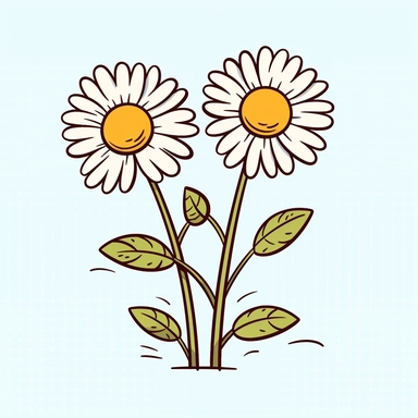 Clipart of cartoon two daisies in a minimalist style, on a white background,