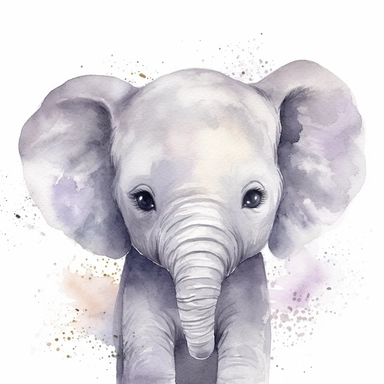 A delightful and charming watercolor clipart of an adorable baby elephant, designed for commercial use. This heartwarming composition captures the innocent charm of the African Safari Zoo animal, set against a crisp white background that accentuates its delicate watercolor textures and playful features. The baby elephant, with its gentle eyes and playful trunk, is skillfully painted in a soothing palette of grays and pastels, encapsulating the essence of nursery-themed art. The clipart emphasize