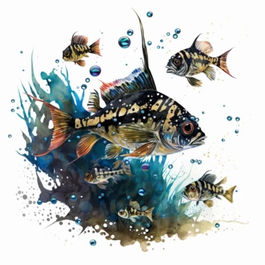 a Banggai Cardinalfish at the bottom of the ocean floor with other smaller fishes, vibrant colors, watercolor style, clipart, white background