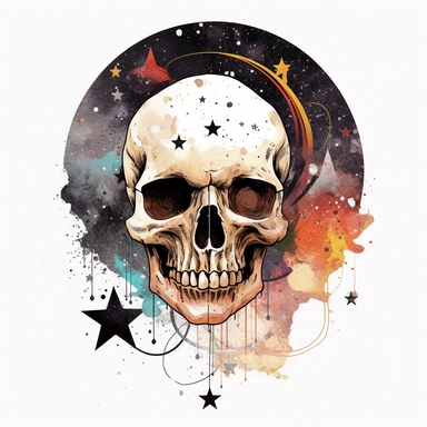 creepy magic skull with crescent moon and stars clipart, detailed, white background, illustration painting, collaged constructions, digital art, watercolor, in the style of sculptural and geometric, forced perspective drawings, Geometric brushstrokes form an intriguingly abstract, in the style of dark fantasy, creepy frightening repulsive images, frightening, painterly figure, by Pablo Picasso, by Wassily Kandinsky, by Zdzisław Beksiński