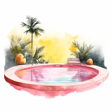 basic watercolor pink pool scene with yellow accent in minimal hand drawn style, Etsy, textured, clipart, white background