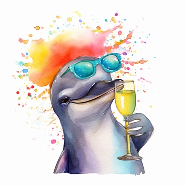 please create watercolor clipart of a dolphin, smiling, wearing party prop glasses and blowing party popper, colorful