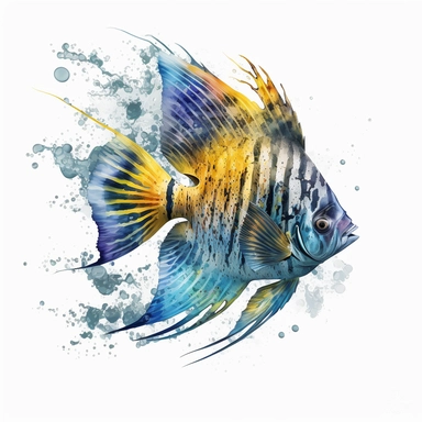 running regal angel fish Watercolor Clipart, drip effect, clean white background, 16K Colors, clean white background