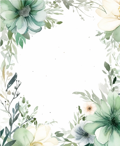 rectangle floral frame, thin border, green flowers and leaves, minimal with white space in middle, clipart, watercolor flowers, hand drawn, white background, clipart,