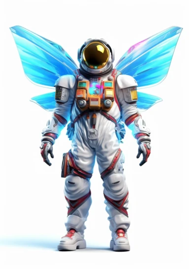 render a 3d cartoon image of an space astronaut with house fly wings, clothing logo, hip hop brand, clipart, white background, bright, hyper, colorful,