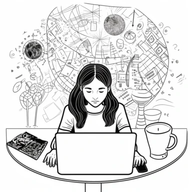 Imagine a simple black and white clipart capturing a girl immersed in her work, sitting in front of a laptop on a table. The front view perspective offers a glimpse into her world of productivity and focus. Let your imagination take you on a short journey as you explore the story behind this simple yet captivating image.
