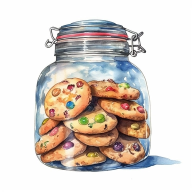 A cookie jar with cookies, watercolor clipart, minimalist, bright colors, isolated white background, 8k