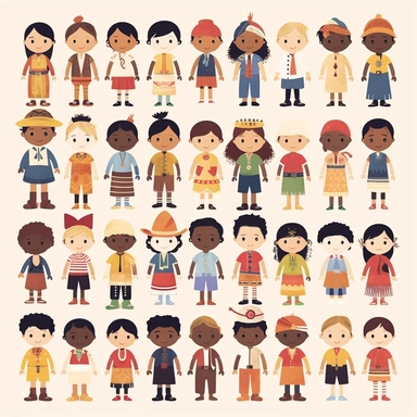 simple flat Clipart on a white background, children from around the world, children of different races and cultures, african, american, asian, jaspan, russain, pacific islander, spanish, mexican, south america, all wearing clothes from their native country all separate and not touching
