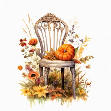 watercolor mixed media masterpiece kitchen beautiful white rustic chair, richly decorated with autumn flowers in yellow, orange, and purple, field, landscape, provence, golden accents, shabby shic style, by Vladimir Kush style and by Daniel Ridgway Knight