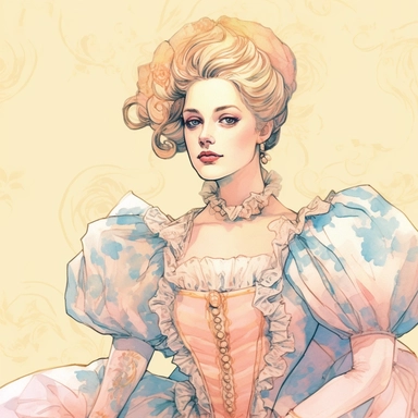 vintage style Detailed light and shadow, 2D outline, A beautifully patterned neo rococo Victorian baroque hyper realistic puffy-sleeved bow-adorned woman in 18th-centrury white gown in varying hues of pale pink, blue and yellow, stunningly beautiful, refined and sophisticated, Hand drawn, cicely mary barker ,realistic watercolor, Clipart, emotionally pleasing watercolor, i can't believe how beatiful this is,accurate detailed line art, white background, intricate detail, clean line art, saturated
