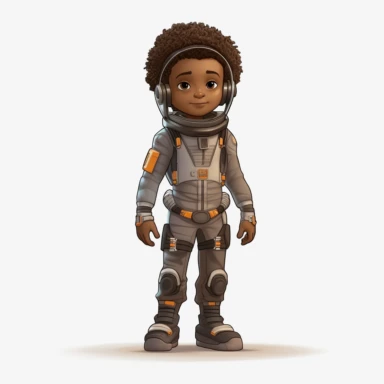 front view of an animated black boy who is a kid with brown skin and individual braids in a spacesuit , full body , drawing a face in maximum quality , high quality drawing of the face, clipart , full illustration ,4k, sharp focus, smooth soft skin, symmetrical , detailed face, concept art, style fairy tales, chibi kawaii, . Octane rendering 3d, perfect face, detailed face , perfect sharp lips, detailed eyes