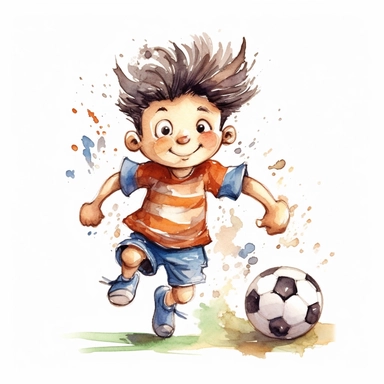 cute Watercolor cartoon soccer player, clipart, white background