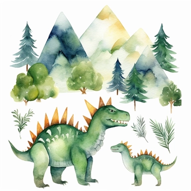 friendly, fluffy watercolor dinosaurs clipart, in mountains, forest, separated, seamless, transparent background--AR 3:2
