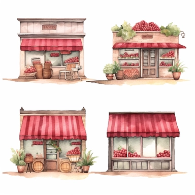 watercolor A clip art 4 set of images featuring a rustic raspberry shoppe isolated white background, minimalist, 8K