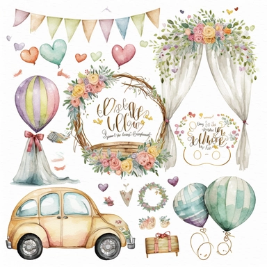 wedding rings tied with a ribbon , cute wedding illustrations clipart set, ILLUSTRATIONS FOR THE BOOK, cartoon elements, different variants, girl with long hair in a wedding veil, wedding, husband and wife Love , Hearts balloons , veil, garland, wooden elements, newlyweds are sitting on a wooden bench , on the wedding beautiful car, white transparent background separate elements with a margin Watercolor