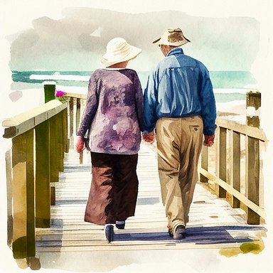 Old Couple Watercolor Clipart walking along a boardwalk with back towards us