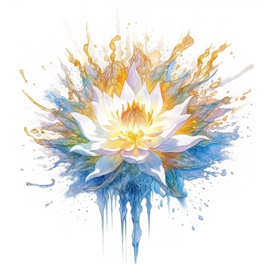 PIERCING snow lotus banana oak tree, oak white fire BLUE flame, light, golden sun, mighty flowers, pristine, sparkling, white flame, fire light mega epic flowers of epicness, cool and spiky, owning everything, floral art, no background, beautiful, no text, clipart, watercolor