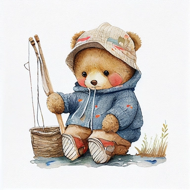 cute fisherman teddy bear, wearing vintage clothes, Sublimation graphics, by Beatrix Potter, Watercolor clipart, single design, print on demand image, no watermark, PNG transparent background, white background, 8k