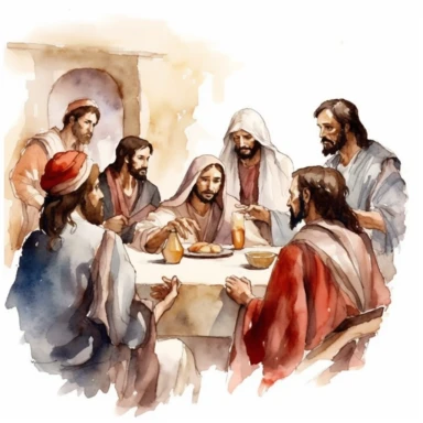 Last Supper. Jesus with the 12 apostles. Jesus and the apostles were sitting on the floor. At the table, clipart, watercolor