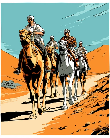 illustration of arabs riding on camels in the desert of Dubai, style of 1950s comic book art, style of mike zeck, retro, 3-color lithograph, block print, linotype, flexographic clip art, posterized colors, isotype icon design, hand drawn illustration, primitive art, minimalist design, PNG cutout on white background