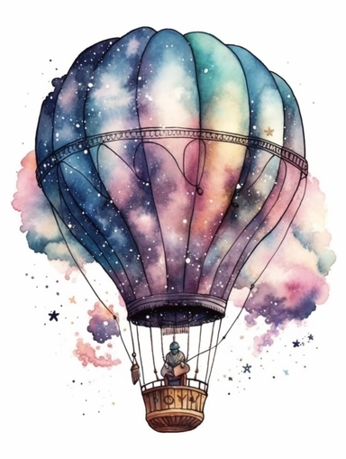 fantasy watercolor clipart with white background, hotair balloon detailed with a splendid meta galaxy, incorporate an artistic theme and attention to stitching and gradients, flat design, clearly defined separated image, high quality