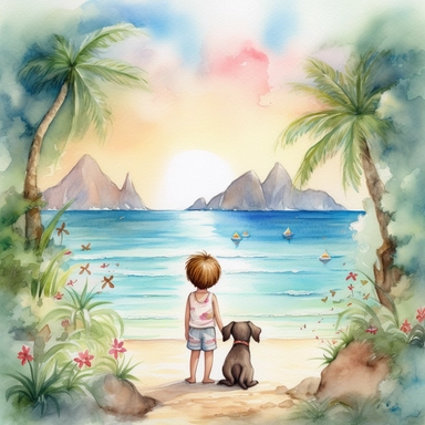 watercolour, tropical island setting, showcase a cute little boy (he is aged 4) standing with his back towards us, sitting overlooking the ocean with his little adorable puppy, the puppy has tropical flowersd around his neck, the feeling is happy, magical, the clouds in the sky are fluffy in the shape of a love heart to signify the love between the little boy and his best friend, boththe boy and the puppy are sitting with their backs towards us, clipart style