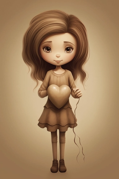 a small girl holding a heart, in the style of light beige and brown, whimsical cartoonish, airbrush art, scrapbook, mandy jurgens, dye-transfer, simple, clipart
