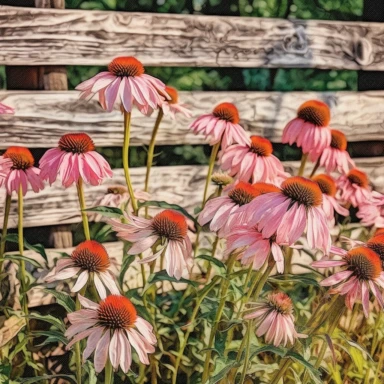 echinacea plant, against a old wood rail fence , clipart, vintage, watercolor style, hyper hd--q2--v5.1