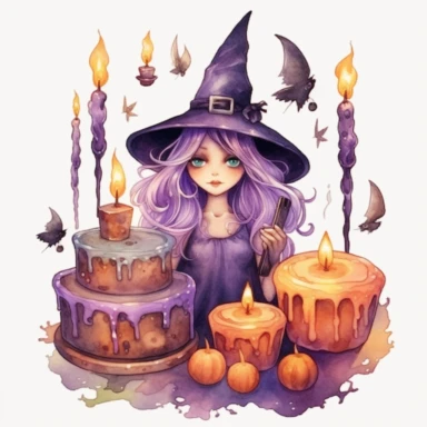 Create a set of hyper-realistic watercolor texture cliparts with a witch birthday theme. Each image should feature a different color palette, adding variety and vibrancy to the collection. The cliparts should include elements such as a cute witch holding a broomstick, a big cake with candles, cupcakes, and various desserts, all rendered in unique pastel colors. Each element should be isolated and placed on a white background, with a margin separating them for easy use. The witch should be depict