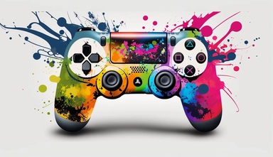 An exceptional PS4 game controller clipart inclined either to the east or west featuring a captivating assortment of RGB colors. creating a unique visual composition. Positioned against a pristine white background, this design is meticulously tailored for high-quality printing in ultra-high definition (UHD) and 4K resolution. To add an artistic touch, a vibrant splash of paint adorns the background, gracefully enveloping the controller. The intentional absence of any brand name or logo allows fo