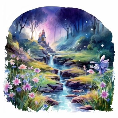 cartoon fairy glen by the River, grass and flowers line the sides if the river, glowing lights and sparkles, colors of green purple gold and blue, glamorous realistic and detailed, watercolor, white background with margins, clipart style
