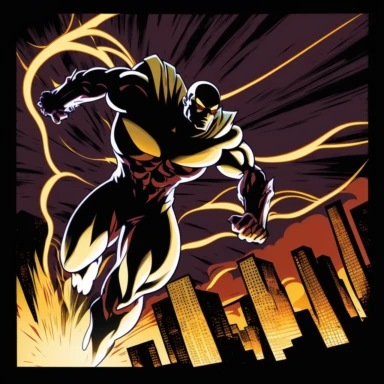 An exciting clipart image of a superhero swooping in with dramatic flair, surrounded by an expansive urban landscape filled with towering buildings and vibrant night lights. The bright colors of the cityscape create a vivid energy that captures the electricity and anticipation of the scene. The superhero is illuminated by a glorious, golden halo of light that elicits feelings of awe and power. The dazzling effect casts eye-catching glimmers of color and catches the attention of observers.
