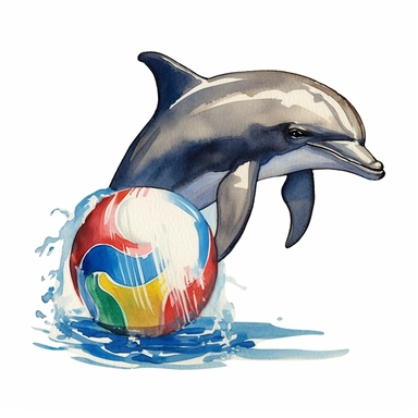 a Dolphin With beach Ball in the style of watercolour clipart with detailed brush strokes