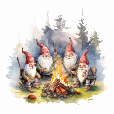 watercolor, hyper realistic, white background, white margins, 16k, ultra detailed clipart, cut out image, hand-drawn gnomes gathered around a bonfire,