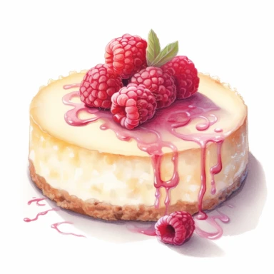 This highly detailed watercolor clipart depicts a heavenly White Chocolate Raspberry Cheesecake on a pristine white background. The artwork showcases the luxurious combination of creamy white chocolate and tart raspberries. The cheesecake is exquisitely rendered with intricate brushstrokes, highlighting its velvety texture and rich flavor. Plump raspberries add a vibrant burst of color, enhancing the visual appeal. Against the clean white backdrop, this clipart exudes an irresistible allure, mak